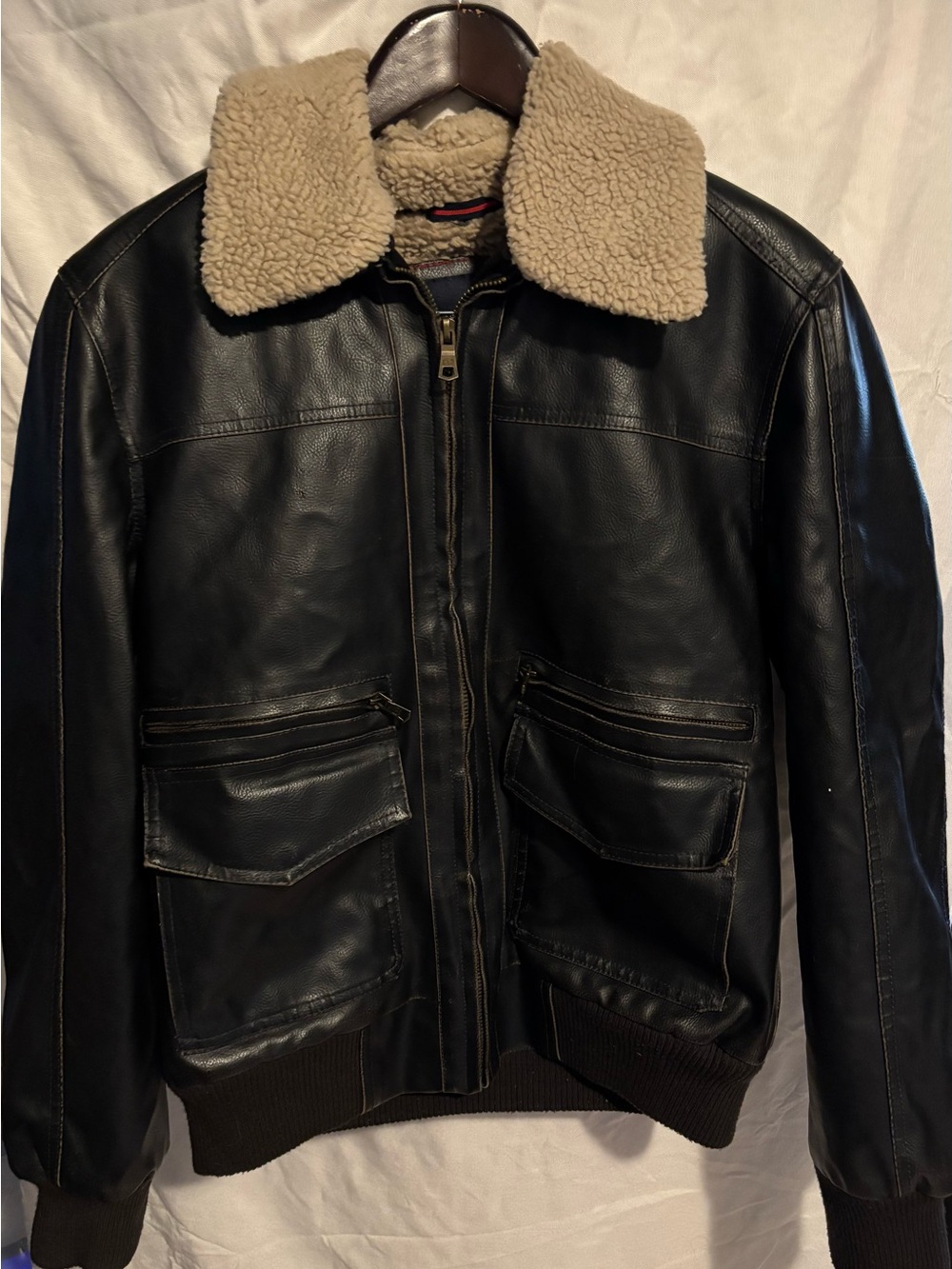 Tommy Hilfiger Black Leather Bomber Jacket with Cream Sherpa Collar